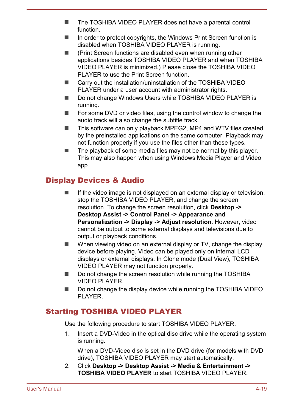 Display devices & audio, Starting toshiba video player | Toshiba Satellite Pro A50-A User Manual | Page 72 / 169