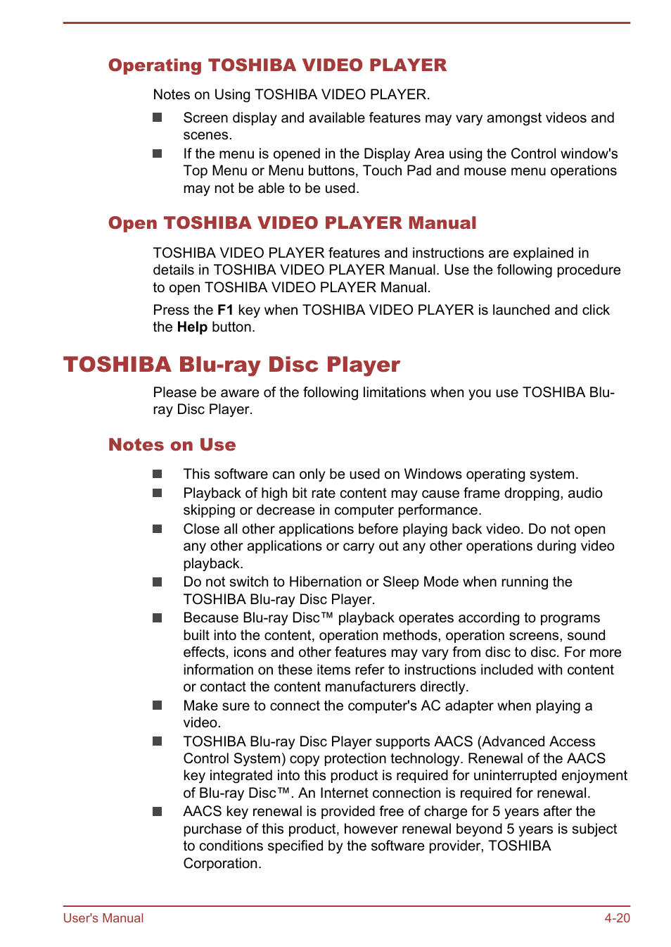 Operating toshiba video player, Open toshiba video player manual, Toshiba blu-ray disc player | Notes on use, Toshiba blu-ray disc player -20 | Toshiba Satellite Pro A50-A User Manual | Page 73 / 169