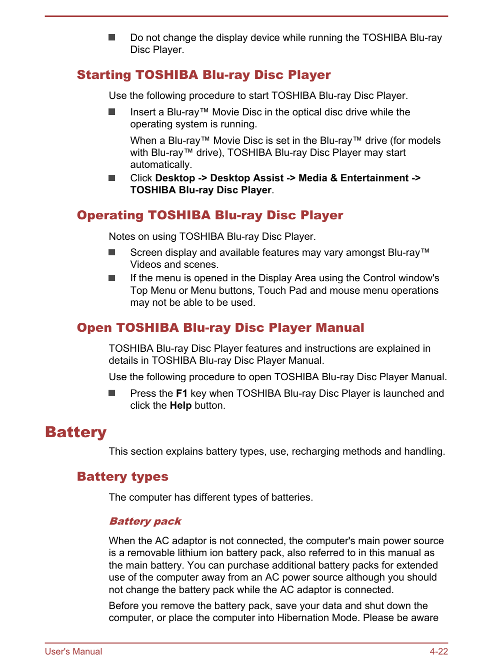 Starting toshiba blu-ray disc player, Operating toshiba blu-ray disc player, Open toshiba blu-ray disc player manual | Battery, Battery types, Battery -22 | Toshiba Satellite Pro A50-A User Manual | Page 75 / 169