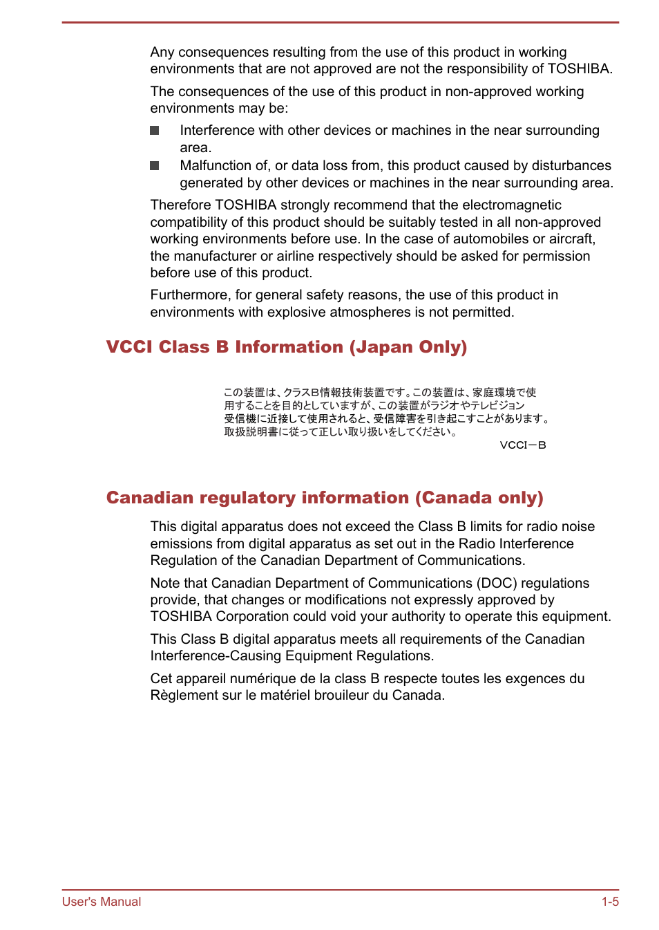 Vcci class b information (japan only), Canadian regulatory information (canada only) | Toshiba Satellite Pro A50-A User Manual | Page 8 / 169