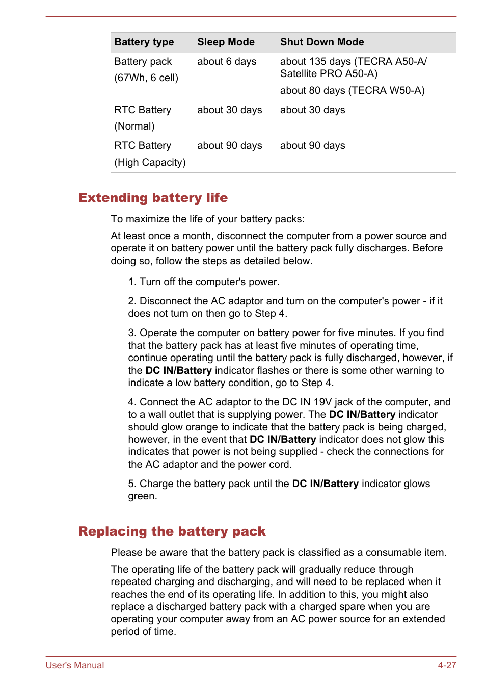 Extending battery life, Replacing the battery pack | Toshiba Satellite Pro A50-A User Manual | Page 80 / 169