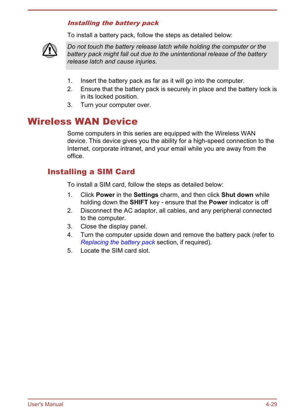 Wireless wan device, Installing a sim card, Wireless wan device -29 | Toshiba Satellite Pro A50-A User Manual | Page 82 / 169