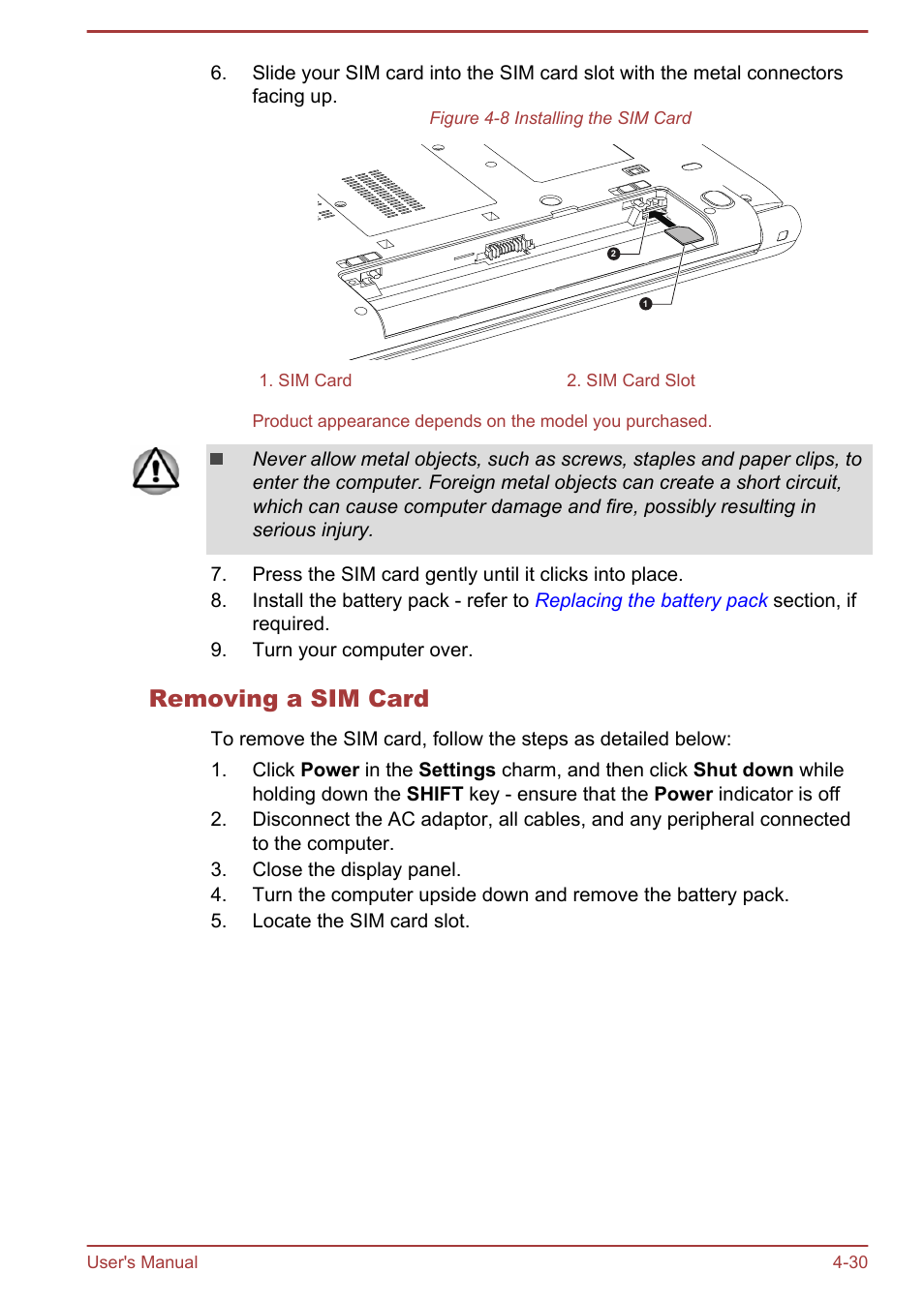 Removing a sim card | Toshiba Satellite Pro A50-A User Manual | Page 83 / 169