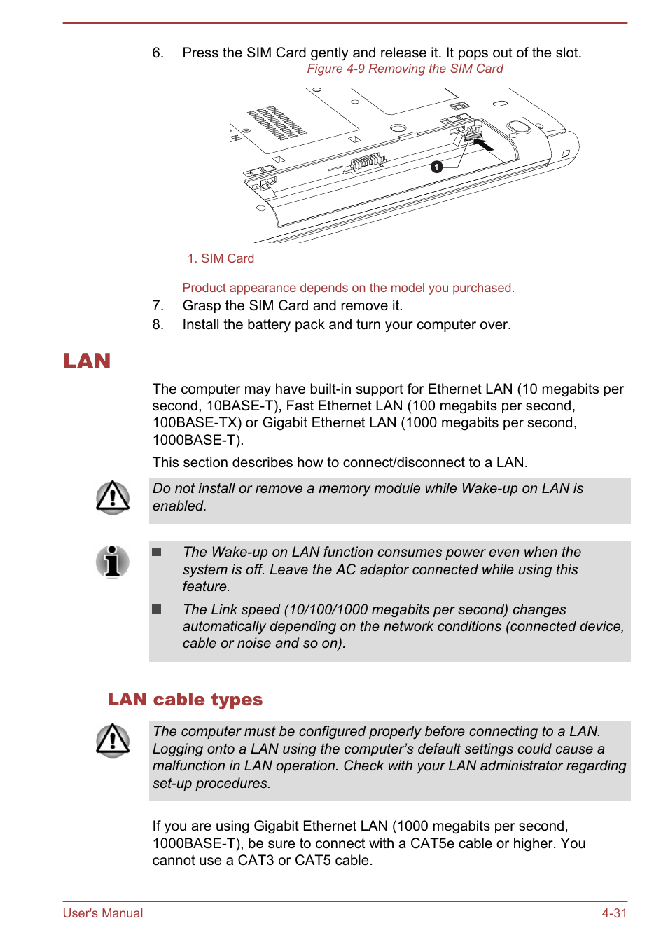 Lan cable types, Lan -31 | Toshiba Satellite Pro A50-A User Manual | Page 84 / 169