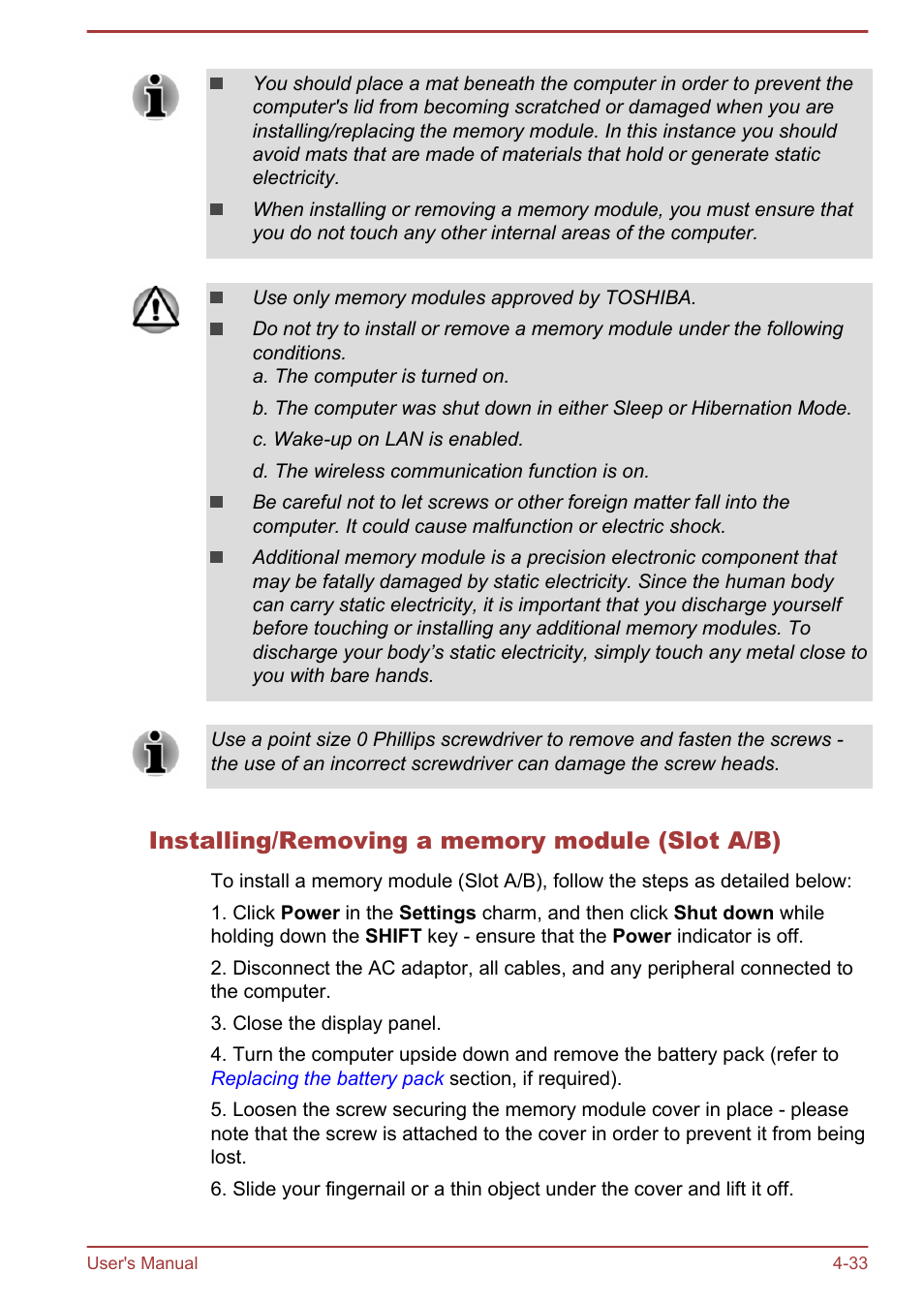 Installing/removing a memory module (slot a/b) | Toshiba Satellite Pro A50-A User Manual | Page 86 / 169