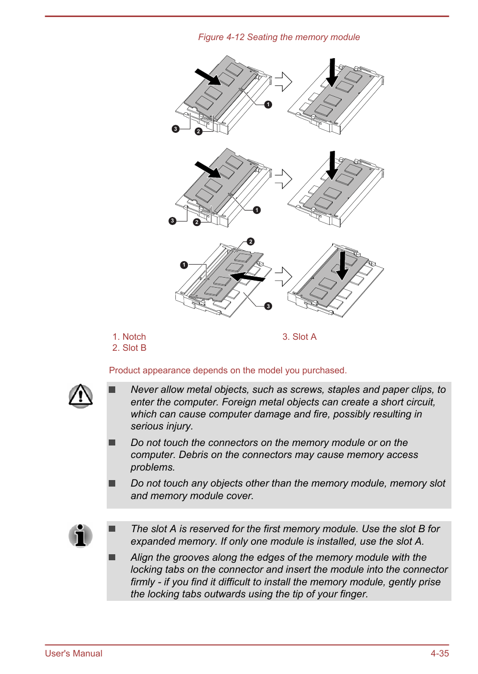 Notch 3. slot a 2. slot b, User's manual 4-35 | Toshiba Satellite Pro A50-A User Manual | Page 88 / 169