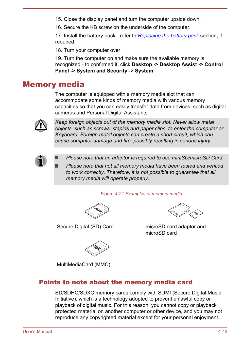 Memory media, Points to note about the memory media card, Memory media -43 | Toshiba Satellite Pro A50-A User Manual | Page 96 / 169