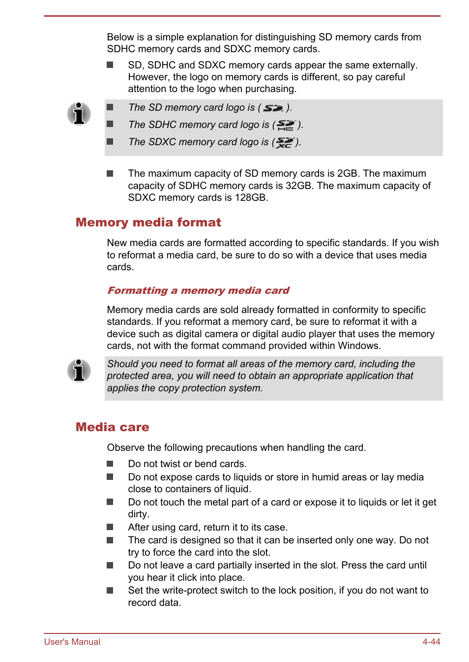 Memory media format, Media care | Toshiba Satellite Pro A50-A User Manual | Page 97 / 169