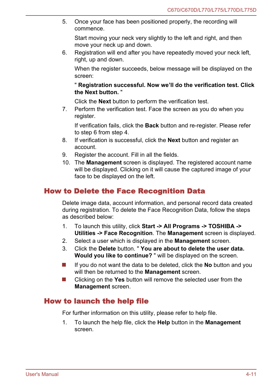 How to delete the face recognition data, How to launch the help file | Toshiba Satellite L775 User Manual | Page 101 / 165