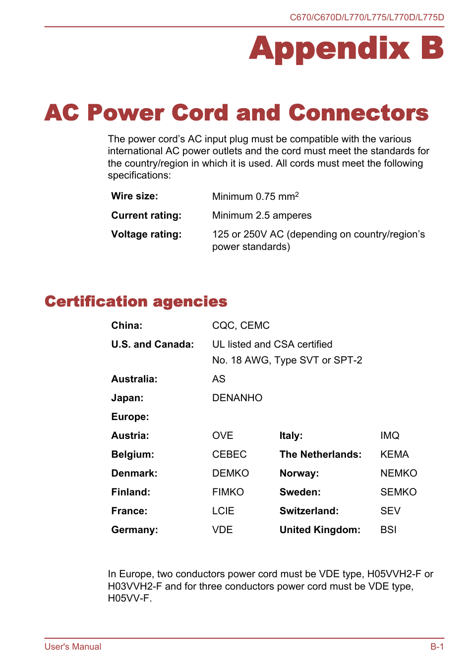 Appendix b ac power cord and connectors, Certification agencies, Appendix b | Ac power cord and connectors | Toshiba Satellite L775 User Manual | Page 144 / 165