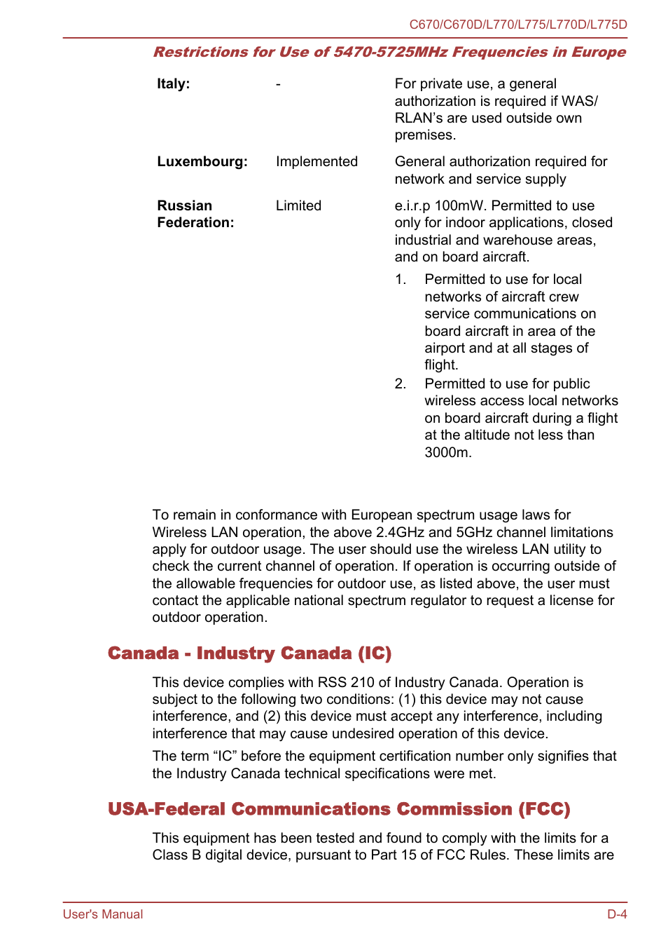 Canada - industry canada (ic), Usa-federal communications commission (fcc) | Toshiba Satellite L775 User Manual | Page 153 / 165