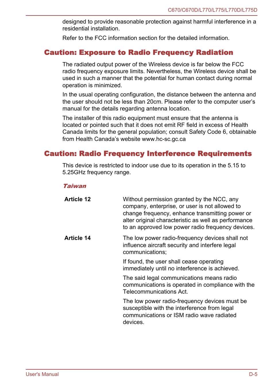 Caution: exposure to radio frequency radiation, Caution: radio frequency interference requirements | Toshiba Satellite L775 User Manual | Page 154 / 165