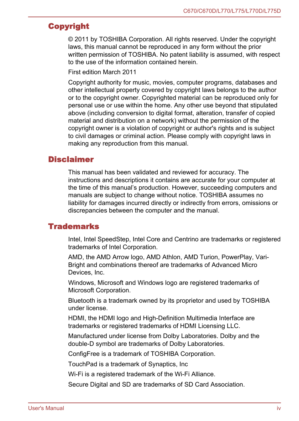 Toshiba Satellite L775 User Manual | Page 4 / 165