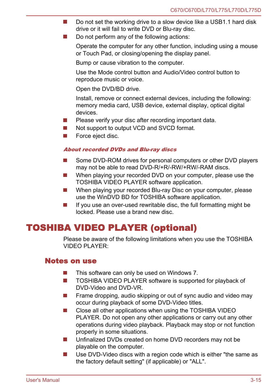 Toshiba video player (optional), Notes on use, Toshiba video player (optional) -15 | Toshiba Satellite L775 User Manual | Page 59 / 165