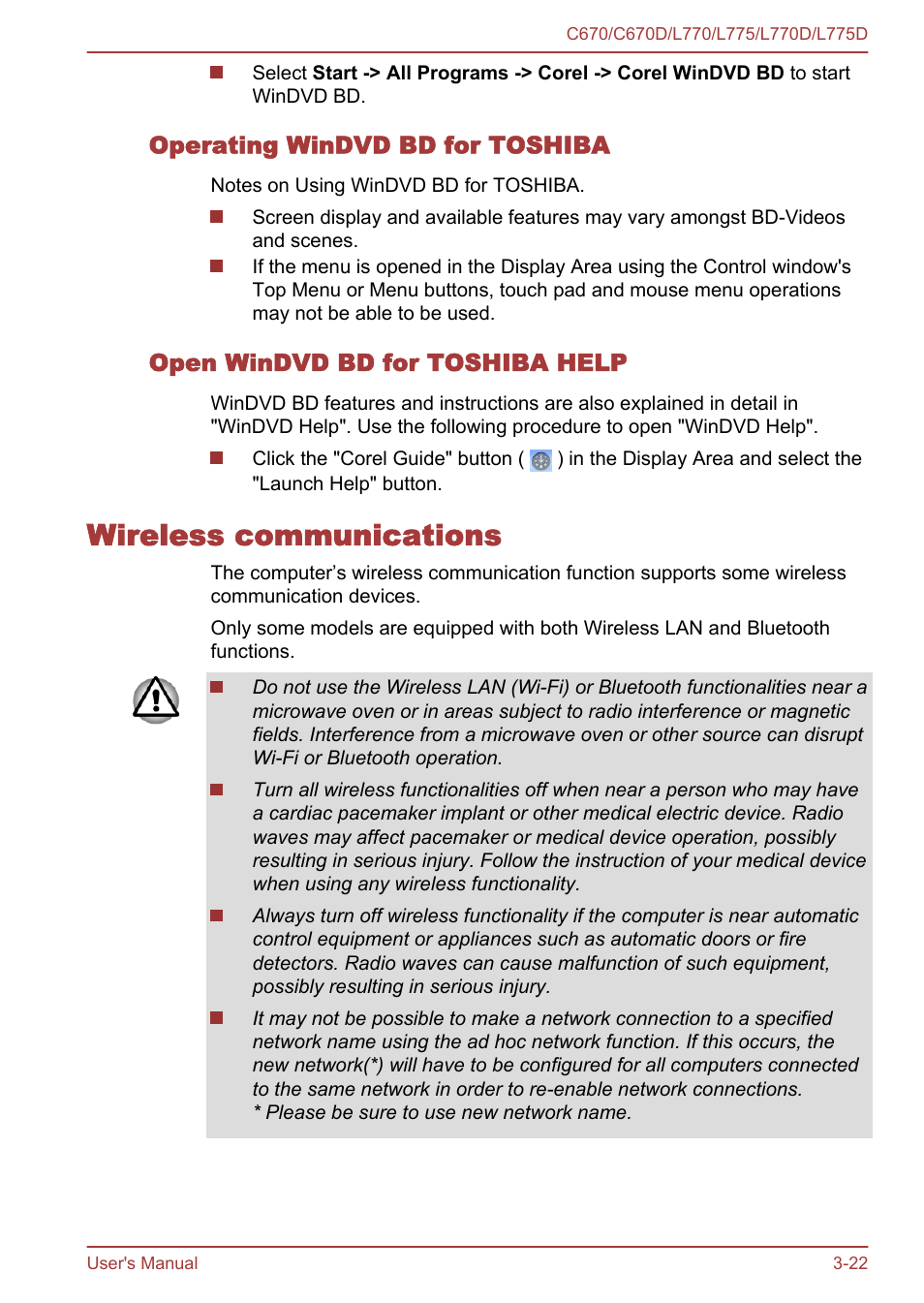 Operating windvd bd for toshiba, Open windvd bd for toshiba help, Wireless communications | Wireless communications -22 | Toshiba Satellite L775 User Manual | Page 66 / 165