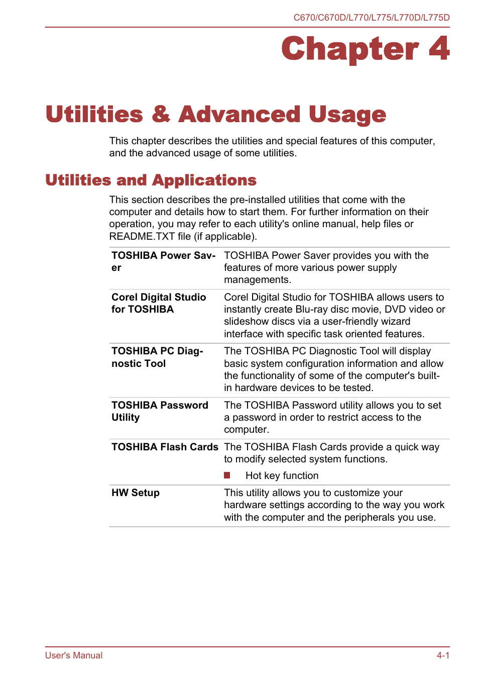 Chapter 4 utilities & advanced usage, Utilities and applications, Chapter 4 | Utilities & advanced usage, Utilities and applications -1 | Toshiba Satellite L775 User Manual | Page 91 / 165