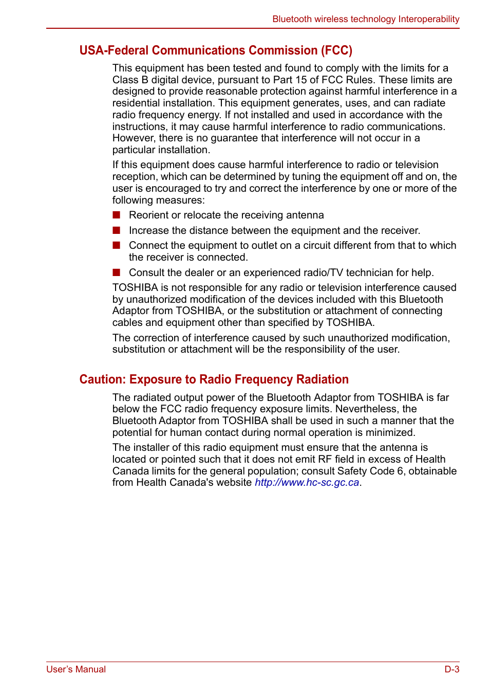 Usa-federal communications commission (fcc), Caution: exposure to radio frequency radiation | Toshiba Libretto W100 User Manual | Page 101 / 117