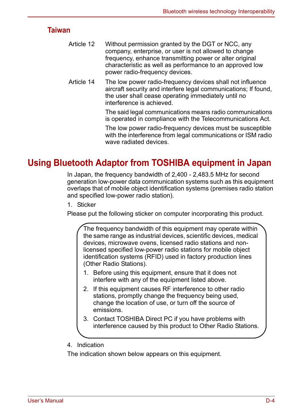 Taiwan | Toshiba Libretto W100 User Manual | Page 102 / 117