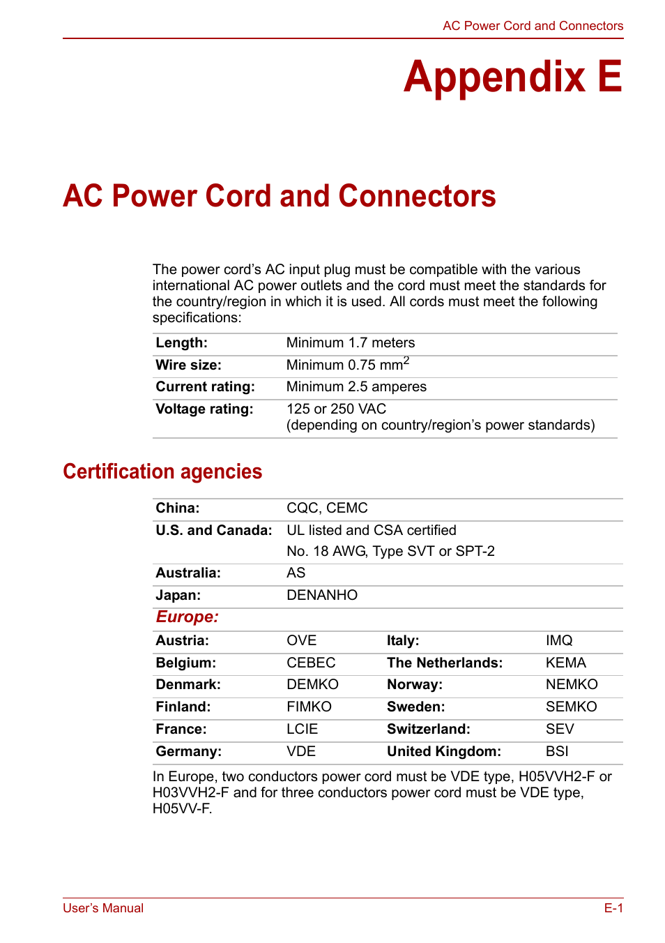 Appendix e: ac power cord and connectors, Appendix e, Ac power cord and connectors | Certification agencies | Toshiba Libretto W100 User Manual | Page 104 / 117