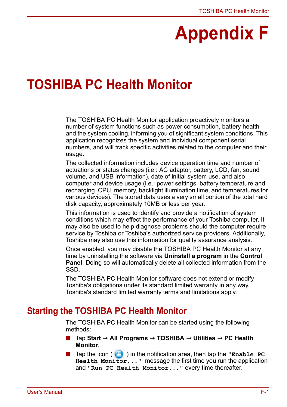 Appendix f: toshiba pc health monitor, Appendix f, Toshiba pc health monitor | Starting the toshiba pc health monitor | Toshiba Libretto W100 User Manual | Page 106 / 117