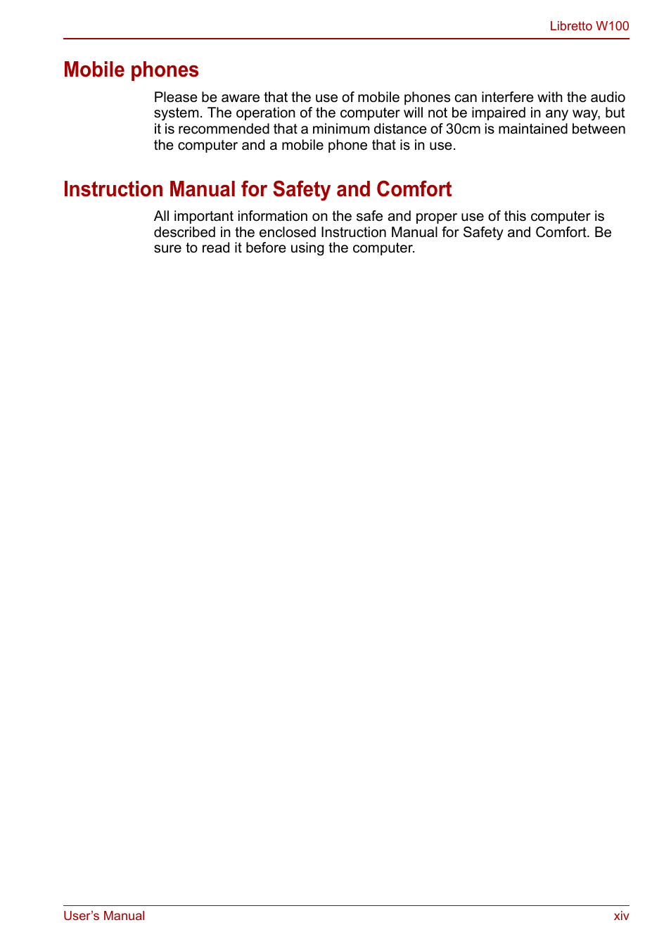 Mobile phones, Instruction manual for safety and comfort | Toshiba Libretto W100 User Manual | Page 14 / 117