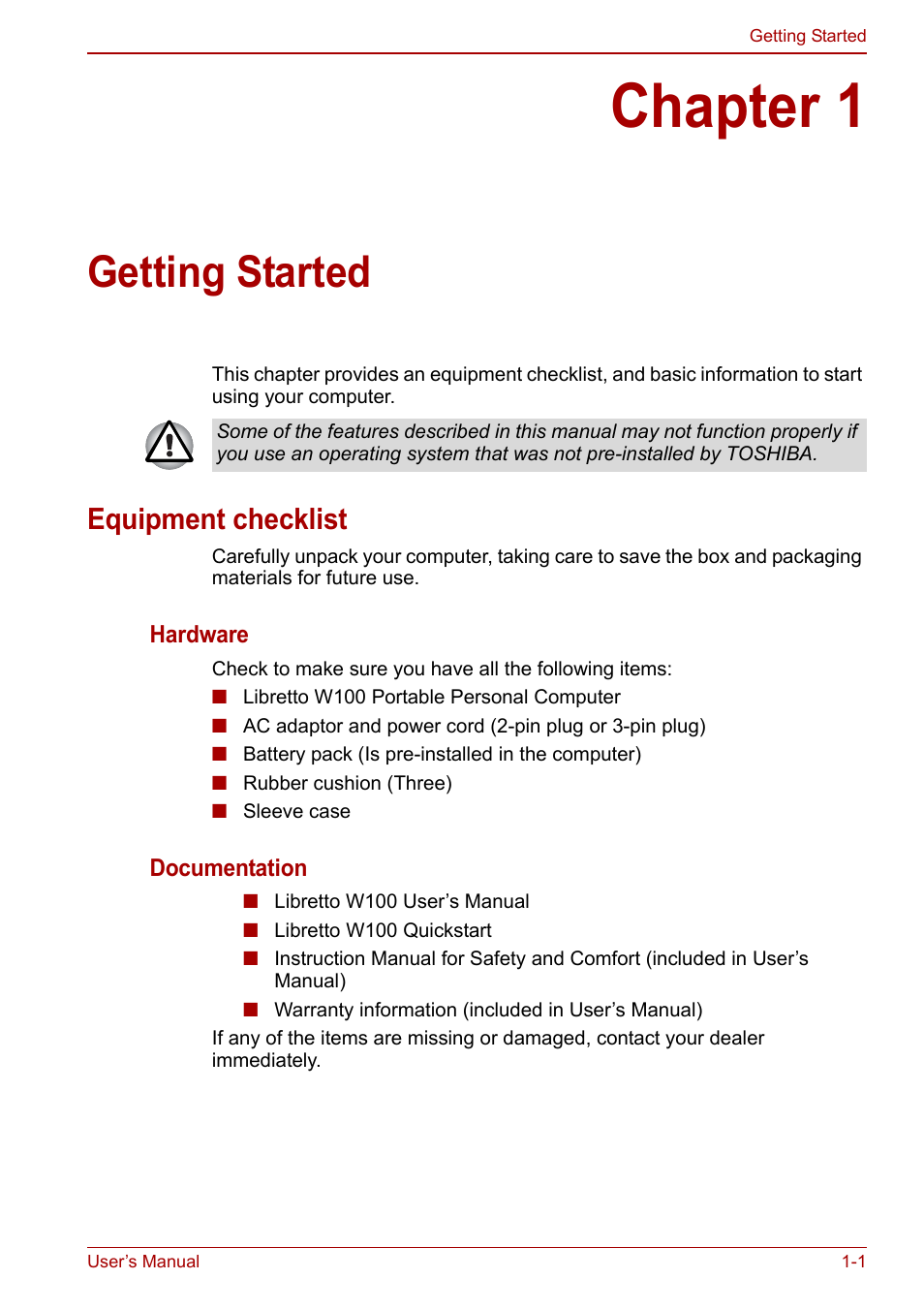 Chapter 1: getting started, Equipment checklist, Chapter 1 | Getting started, Equipment checklist -1 | Toshiba Libretto W100 User Manual | Page 15 / 117