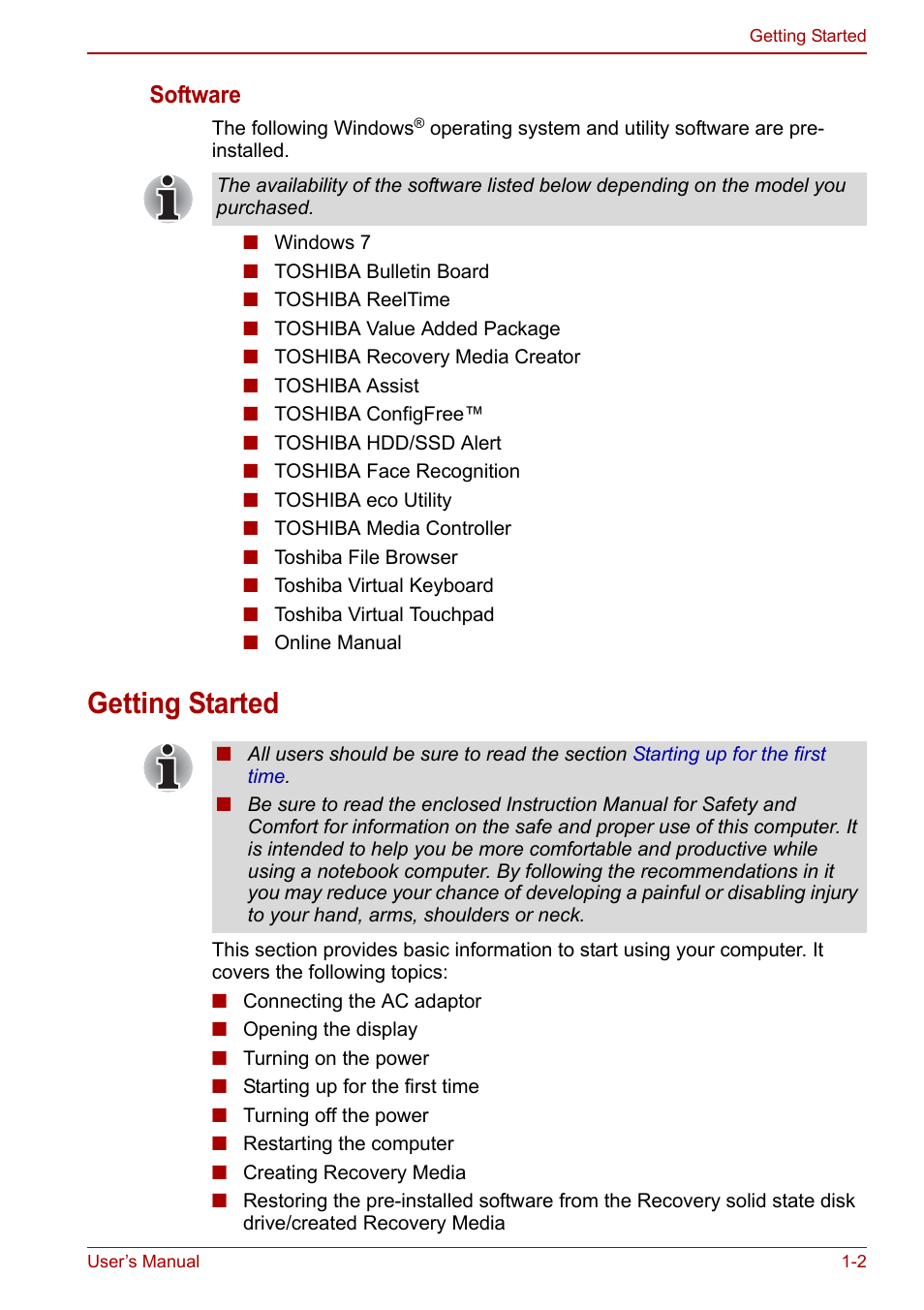 Getting started, Getting started -2, Apter 1 | Software | Toshiba Libretto W100 User Manual | Page 16 / 117