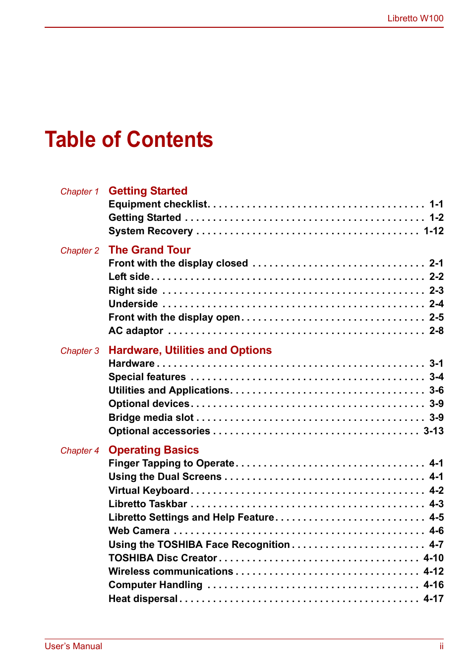 Toshiba Libretto W100 User Manual | Page 2 / 117