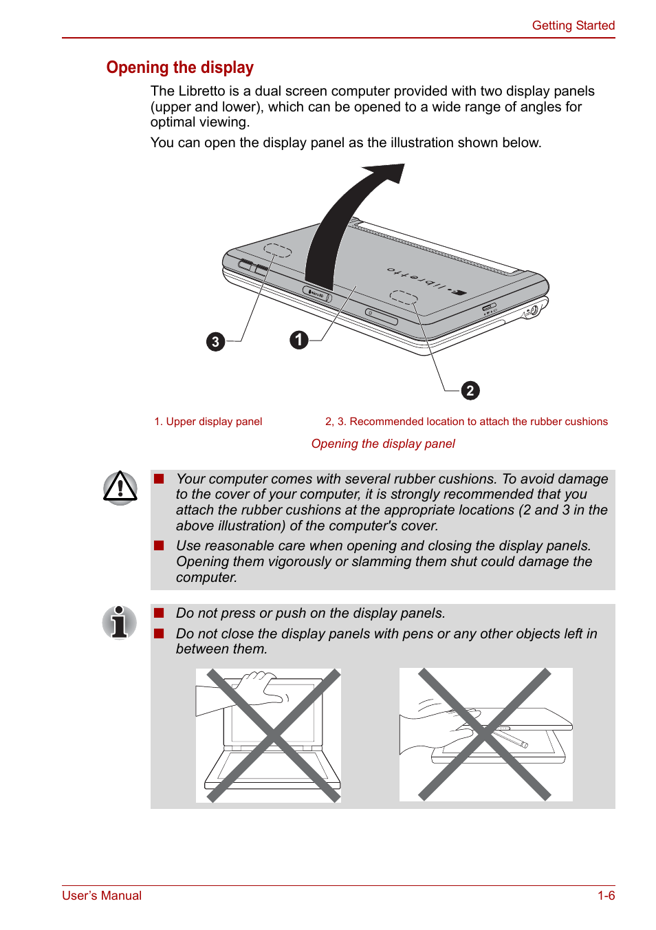 Opening the display | Toshiba Libretto W100 User Manual | Page 20 / 117