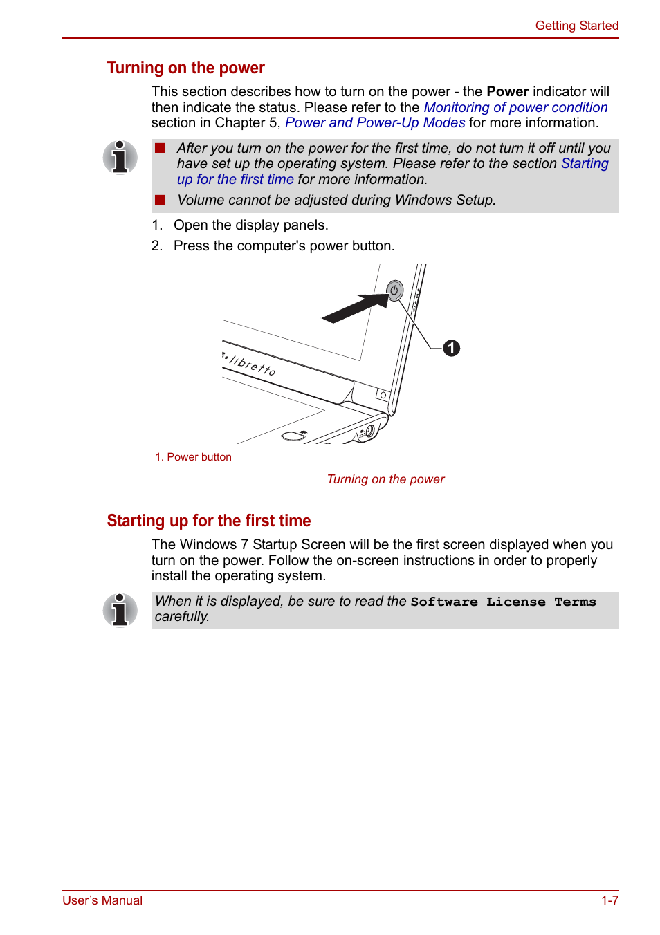 Turning on the power, Starting up for the first time | Toshiba Libretto W100 User Manual | Page 21 / 117