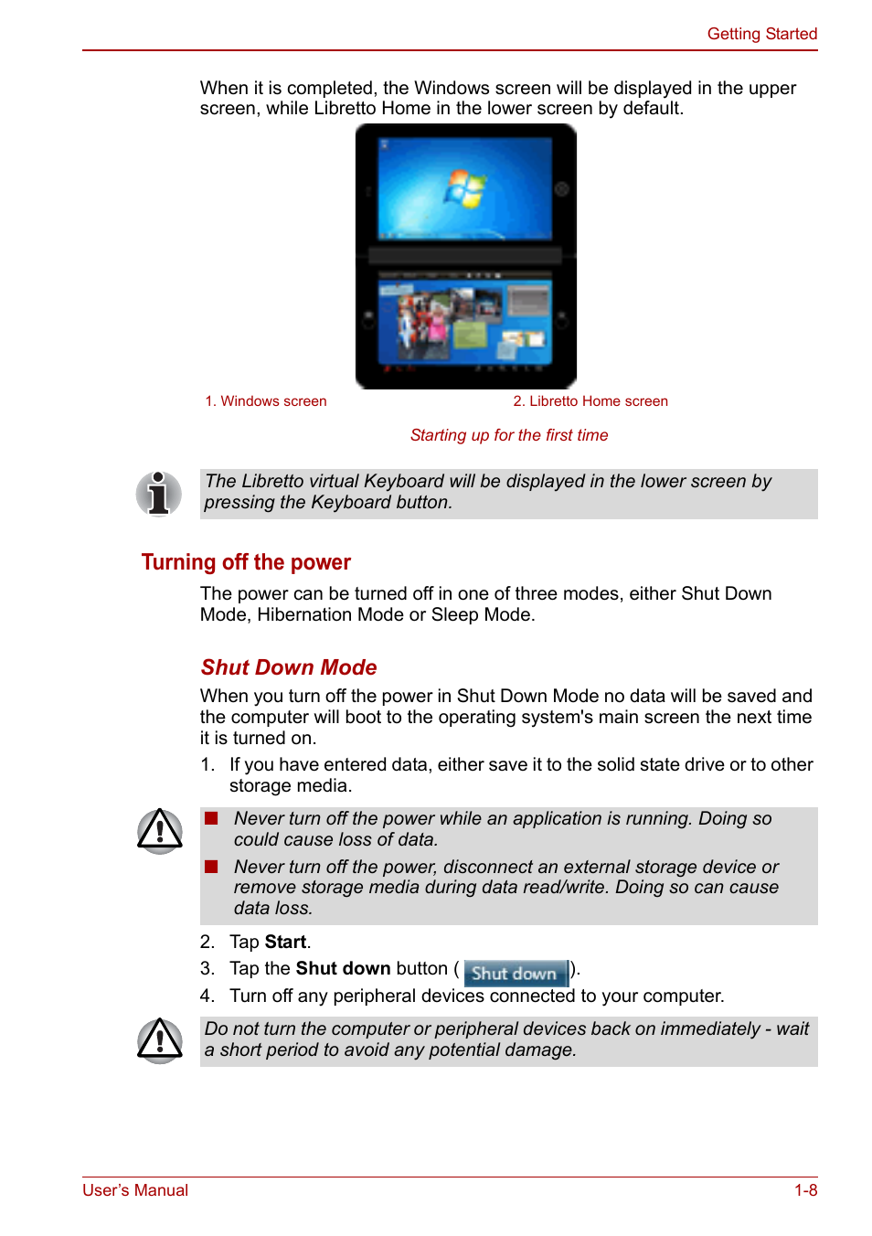 Turning off the power | Toshiba Libretto W100 User Manual | Page 22 / 117