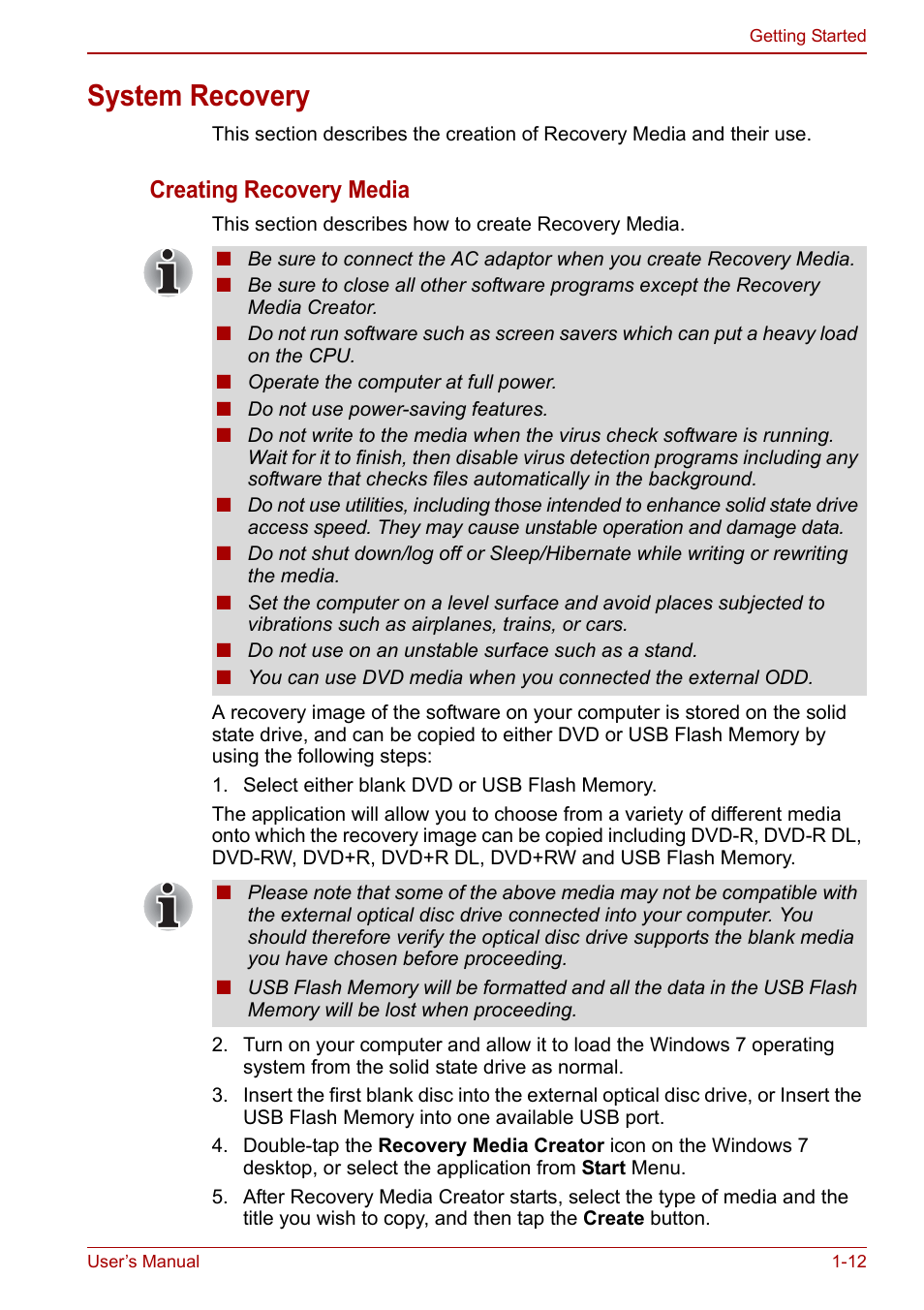 System recovery, System recovery -12, Creating recovery media | Toshiba Libretto W100 User Manual | Page 26 / 117