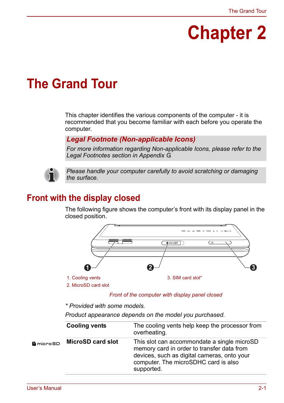 Chapter 2: the grand tour, Front with the display closed, Chapter 2 | The grand tour, Front with the display closed -1 | Toshiba Libretto W100 User Manual | Page 28 / 117