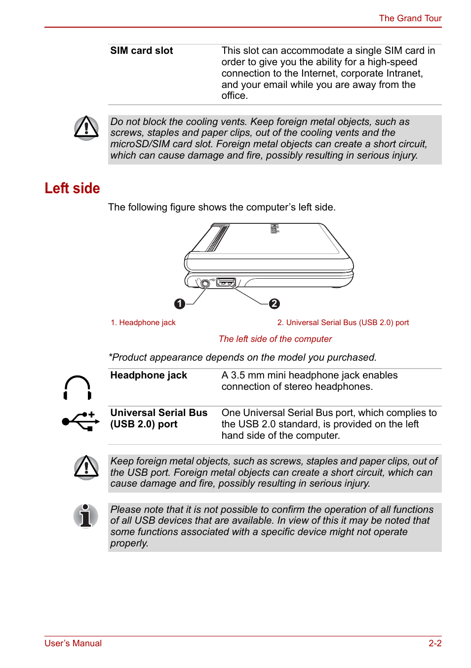 Left side, Left side -2 | Toshiba Libretto W100 User Manual | Page 29 / 117