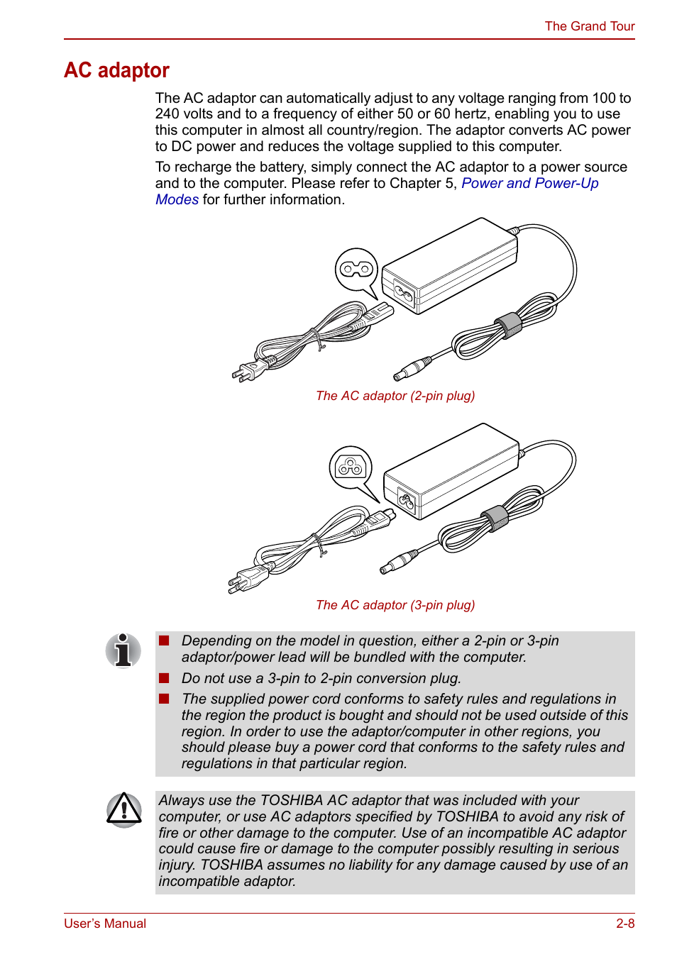 Ac adaptor, Ac adaptor -8 | Toshiba Libretto W100 User Manual | Page 35 / 117