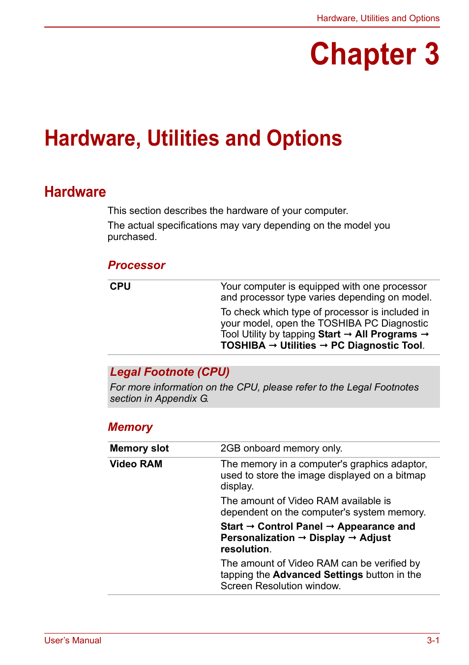 Chapter 3: hardware, utilities and options, Hardware, Chapter 3 | Hardware, utilities and options, Utilities and options, Apter 3 | Toshiba Libretto W100 User Manual | Page 36 / 117