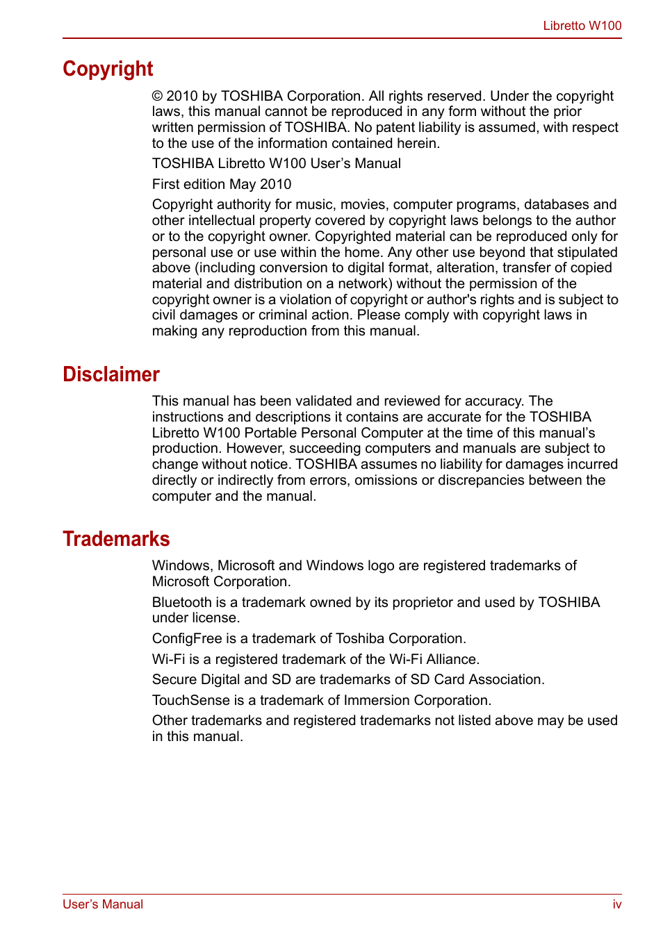 Copyright, Disclaimer, Trademarks | Toshiba Libretto W100 User Manual | Page 4 / 117