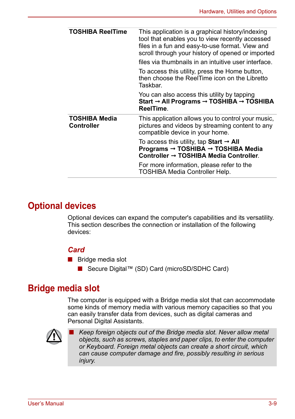 Optional devices, Bridge media slot, Optional devices -9 bridge media slot -9 | Toshiba Libretto W100 User Manual | Page 44 / 117