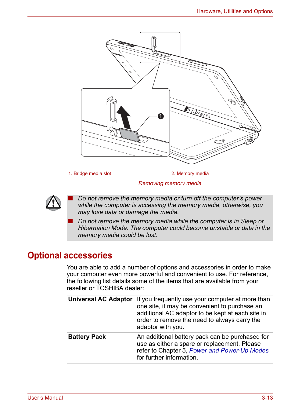 Optional accessories, Optional accessories -13 | Toshiba Libretto W100 User Manual | Page 48 / 117