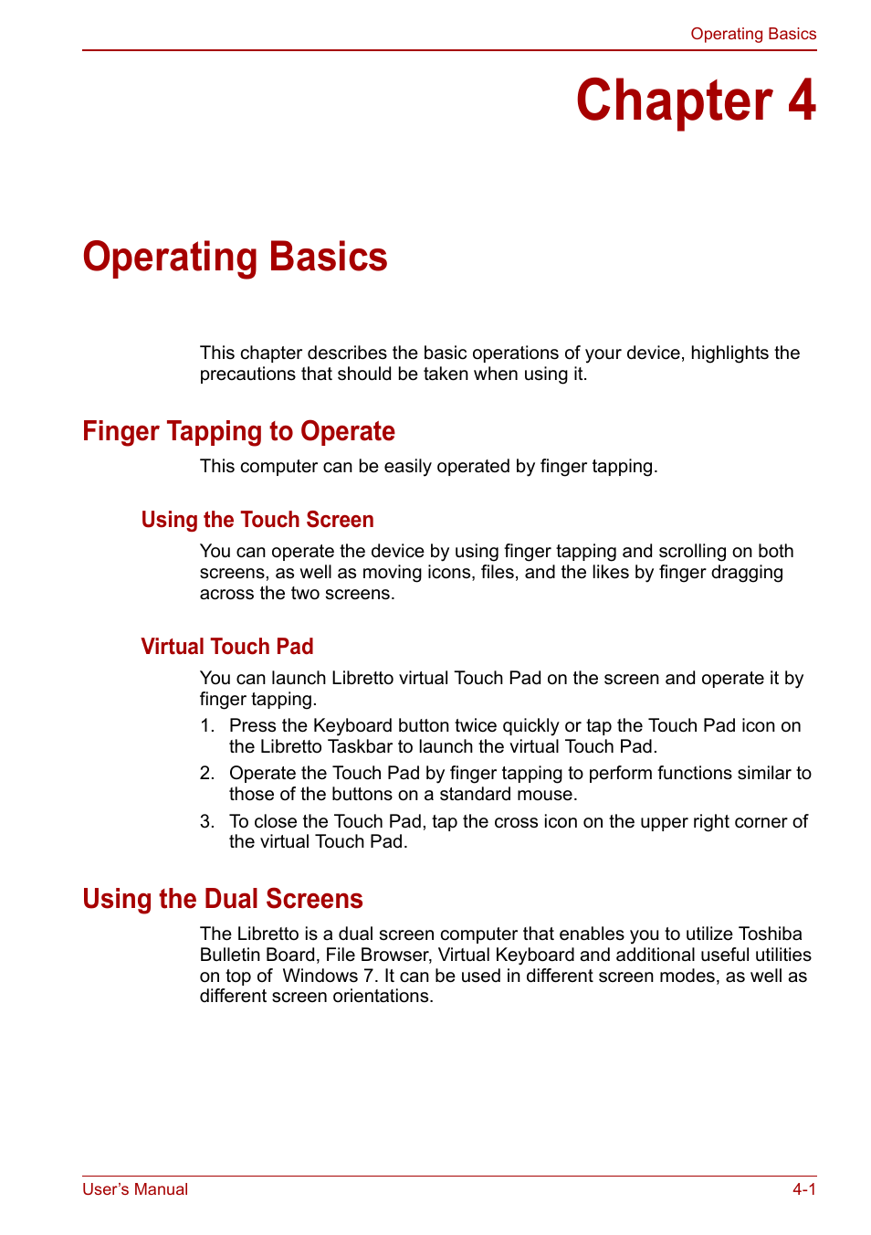 Chapter 4: operating basics, Finger tapping to operate, Using the dual screens | Chapter 4, Operating basics, Virtual touch, Ter 4 | Toshiba Libretto W100 User Manual | Page 49 / 117