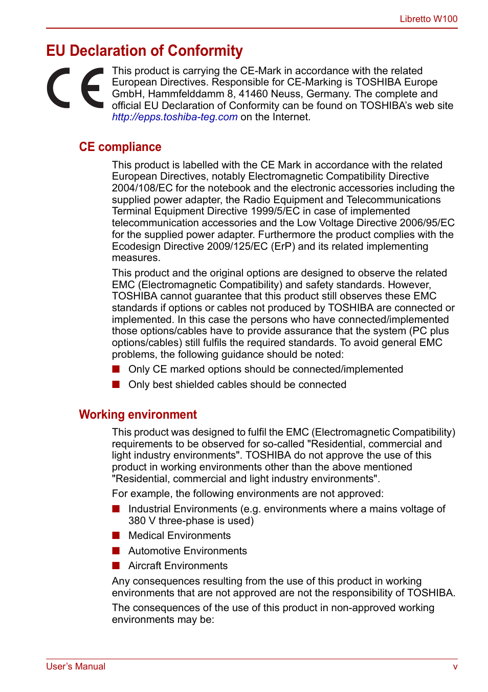 Eu declaration of conformity, Ce compliance, Working environment | Toshiba Libretto W100 User Manual | Page 5 / 117