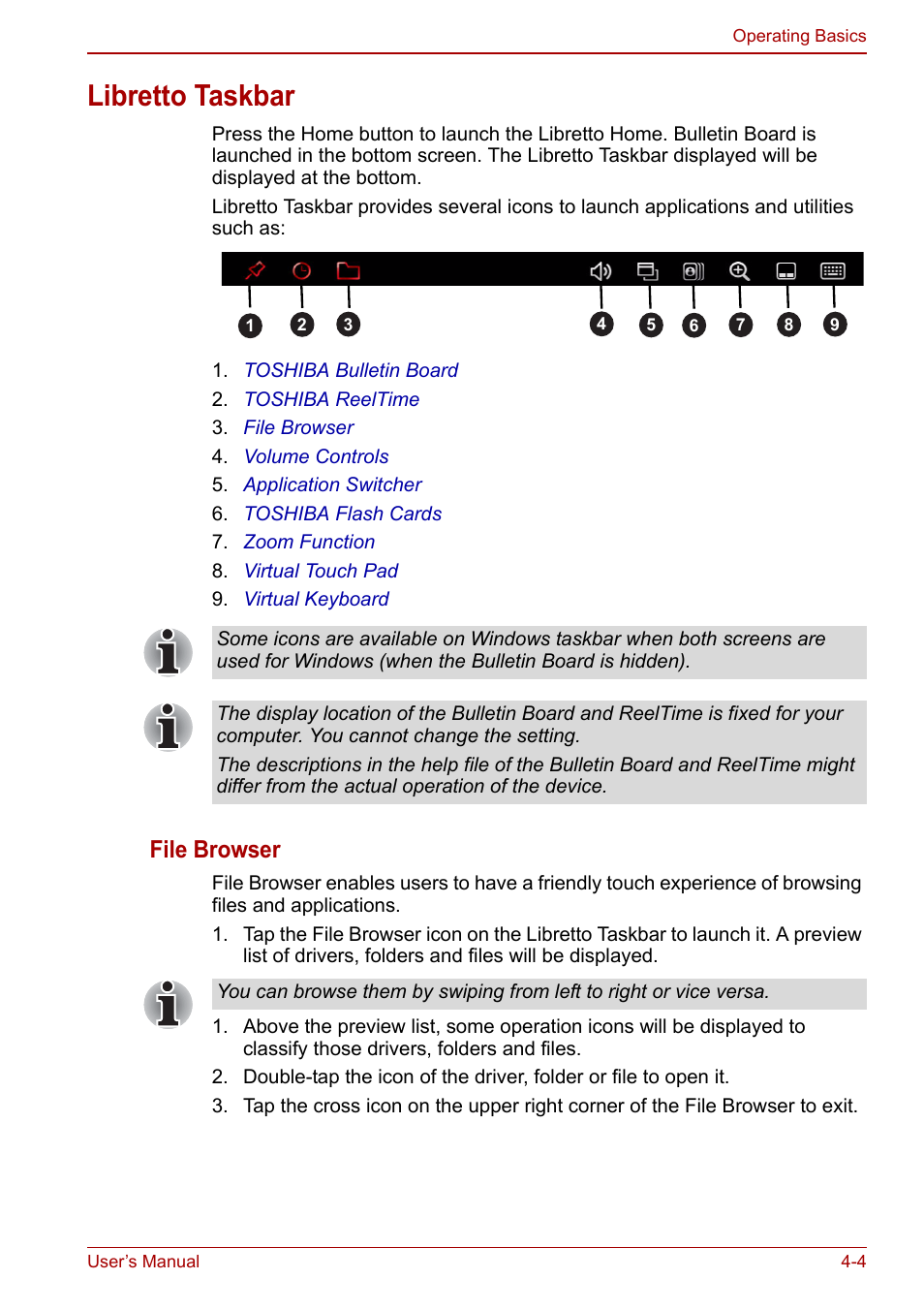 Libretto taskbar, Libretto taskbar -3, File browser | Toshiba Libretto W100 User Manual | Page 52 / 117
