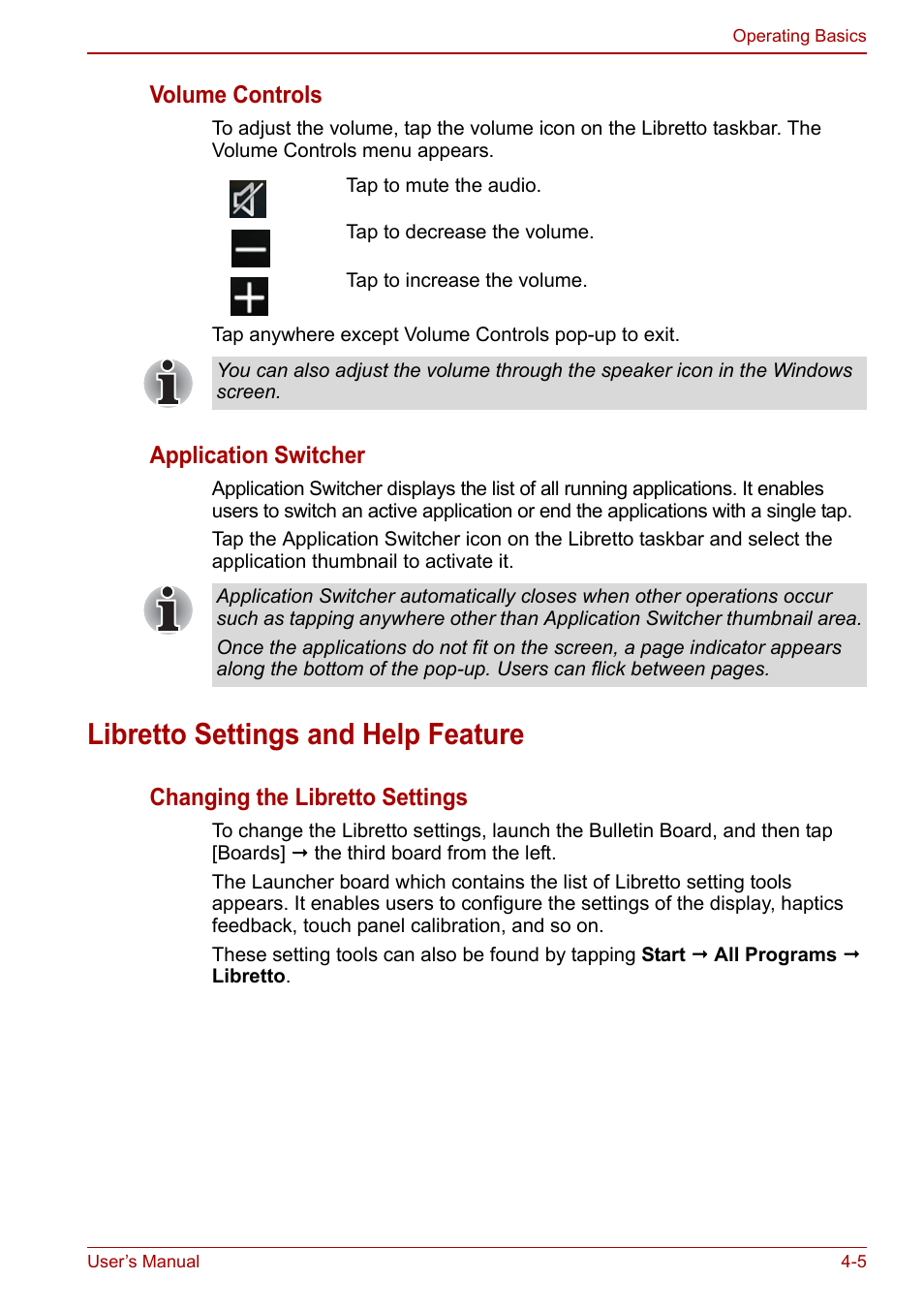 Libretto settings and help feature, Libretto settings and help feature -5, Volume controls | Application switcher | Toshiba Libretto W100 User Manual | Page 53 / 117