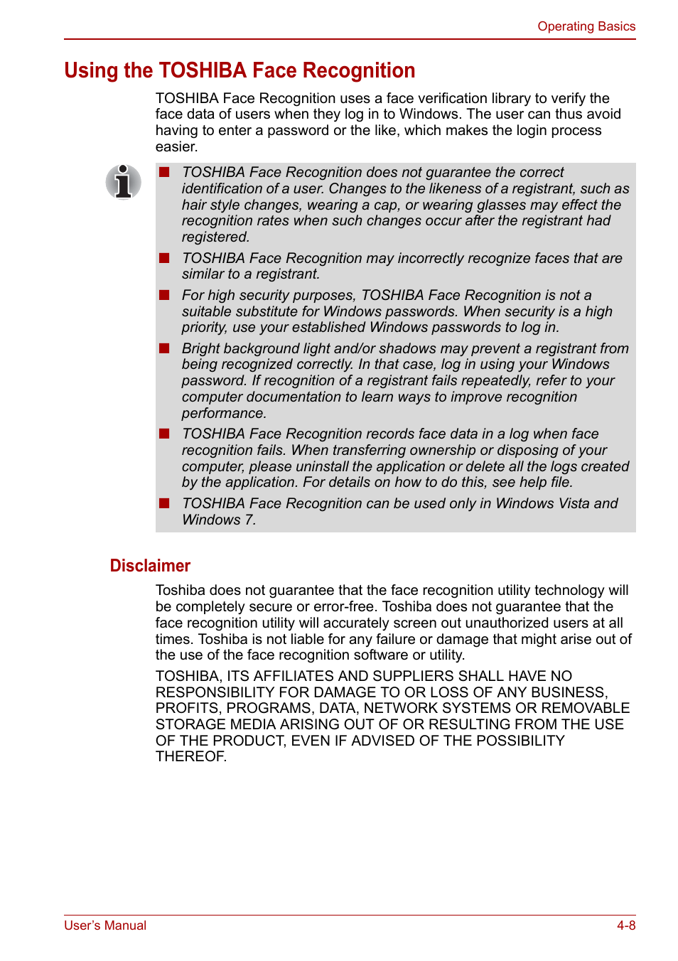 Using the toshiba face recognition, Using the toshiba face recognition -7, To the | Using, The toshiba face recognition, Section, Disclaimer | Toshiba Libretto W100 User Manual | Page 56 / 117