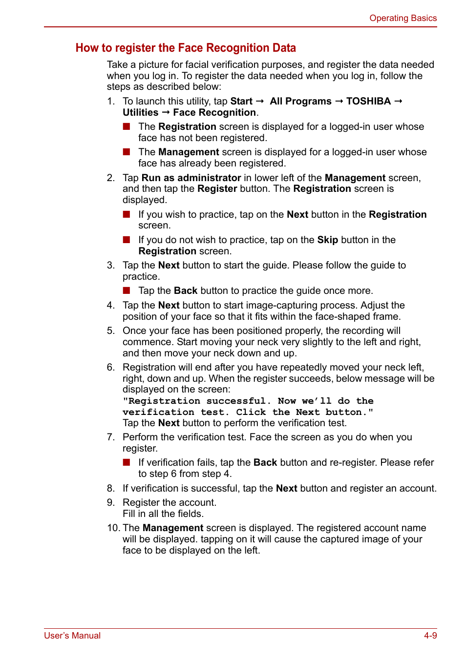 How to register the face recognition data | Toshiba Libretto W100 User Manual | Page 57 / 117