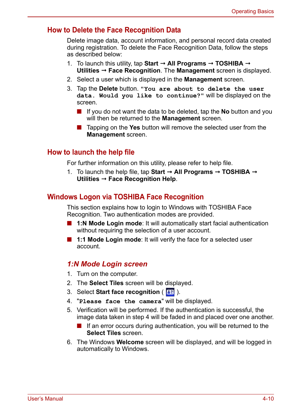 How to delete the face recognition data, How to launch the help file, Windows logon via toshiba face recognition | Toshiba Libretto W100 User Manual | Page 58 / 117