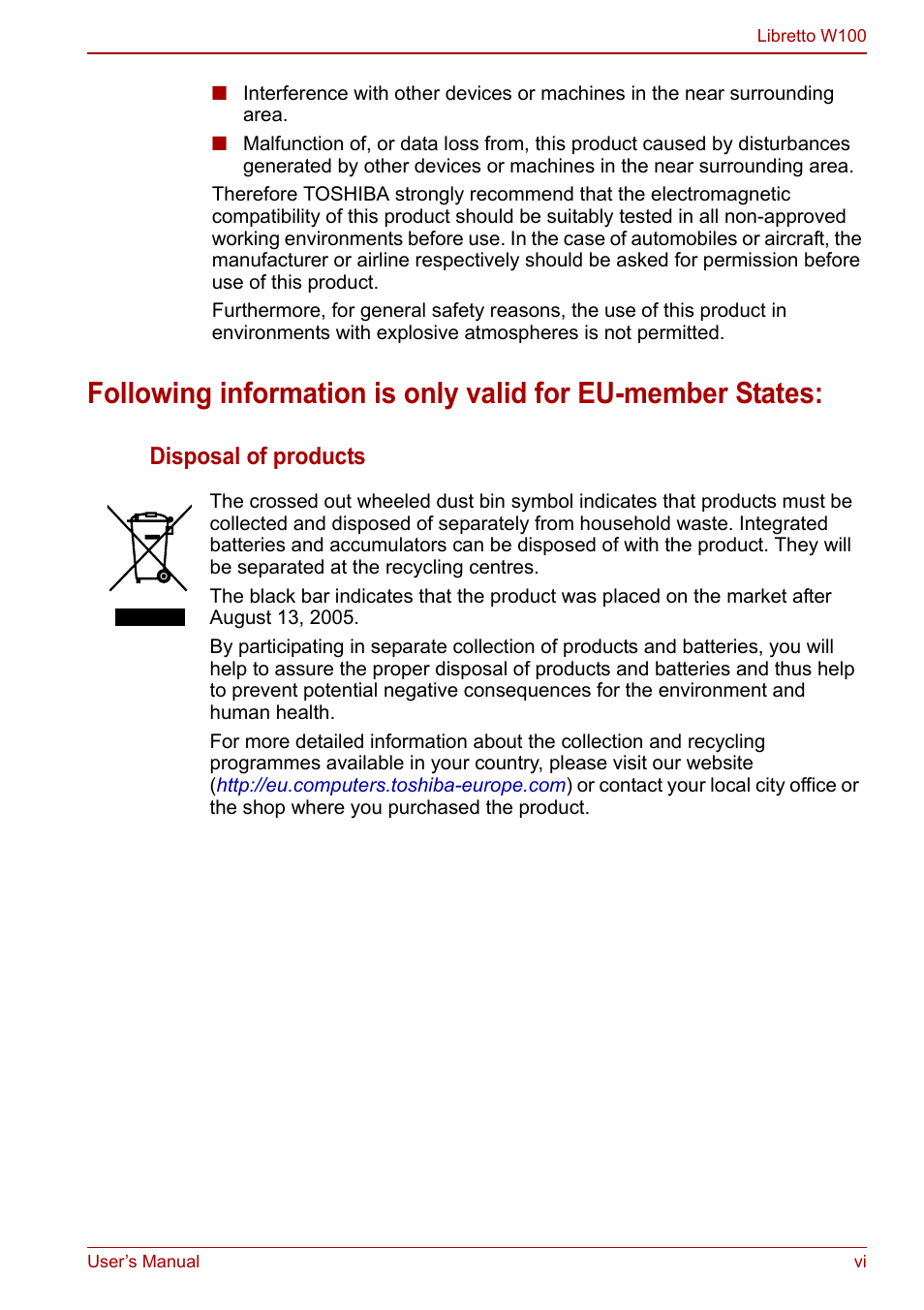 Disposal of products | Toshiba Libretto W100 User Manual | Page 6 / 117