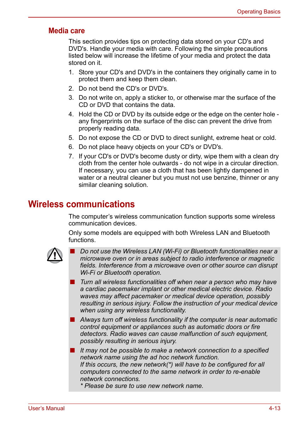 Wireless communications, Wireless communications -12, Media care | Toshiba Libretto W100 User Manual | Page 61 / 117