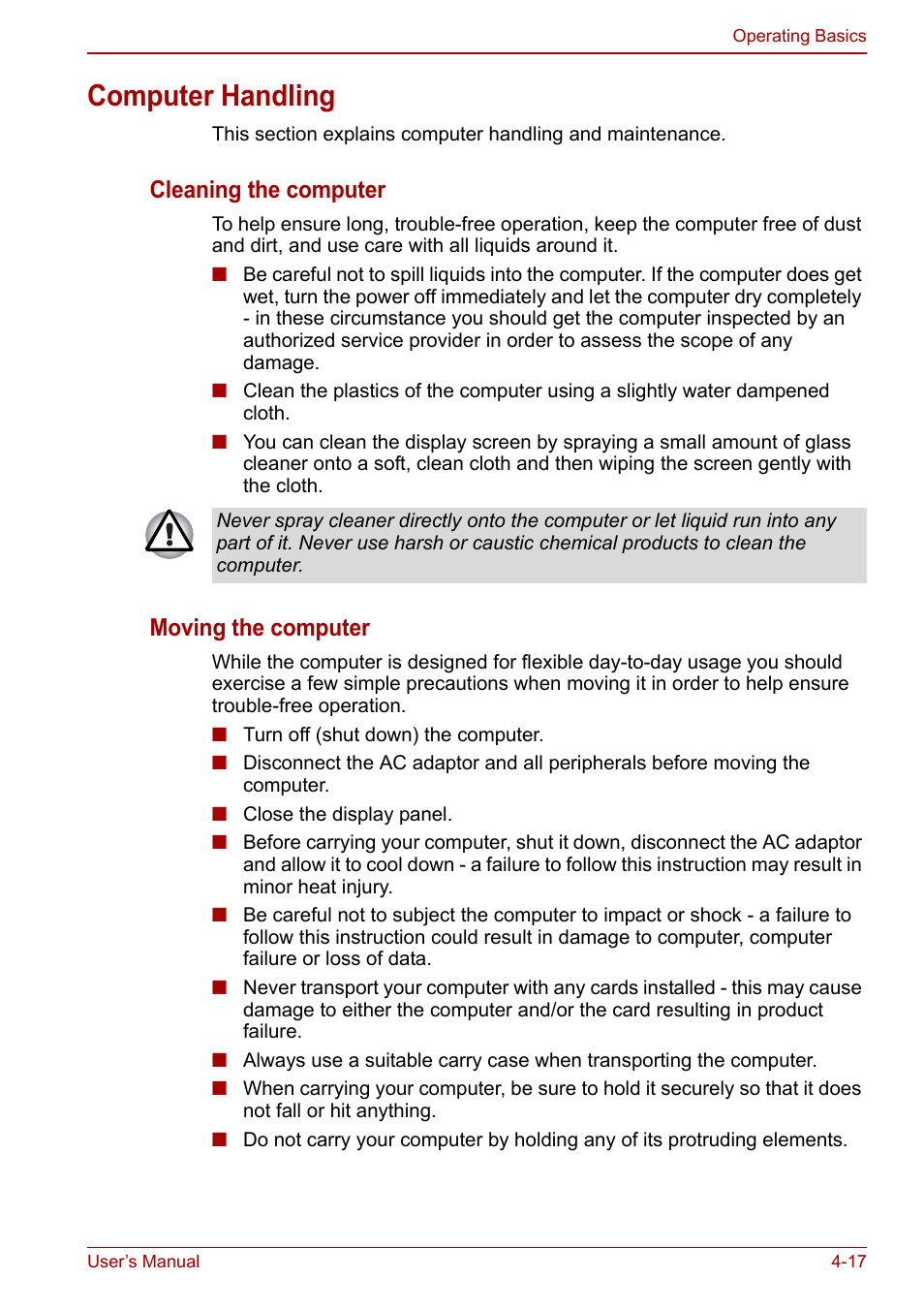 Computer handling, Computer handling -16, Cleaning the computer | Moving the computer | Toshiba Libretto W100 User Manual | Page 65 / 117