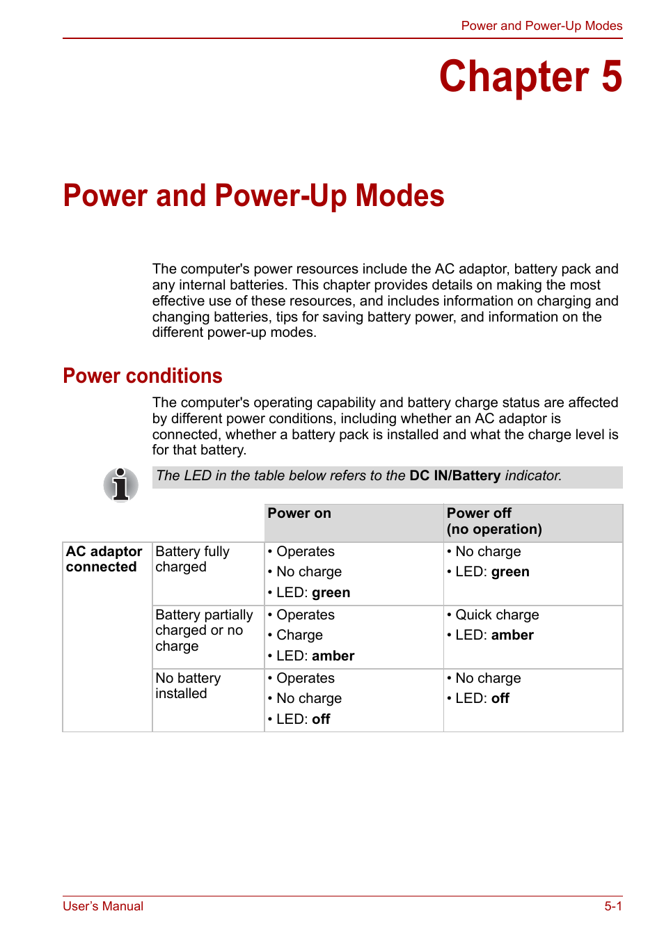 Chapter 5: power and power-up modes, Power conditions, Chapter 5 | Power and power-up modes, Power, And power-up modes | Toshiba Libretto W100 User Manual | Page 67 / 117